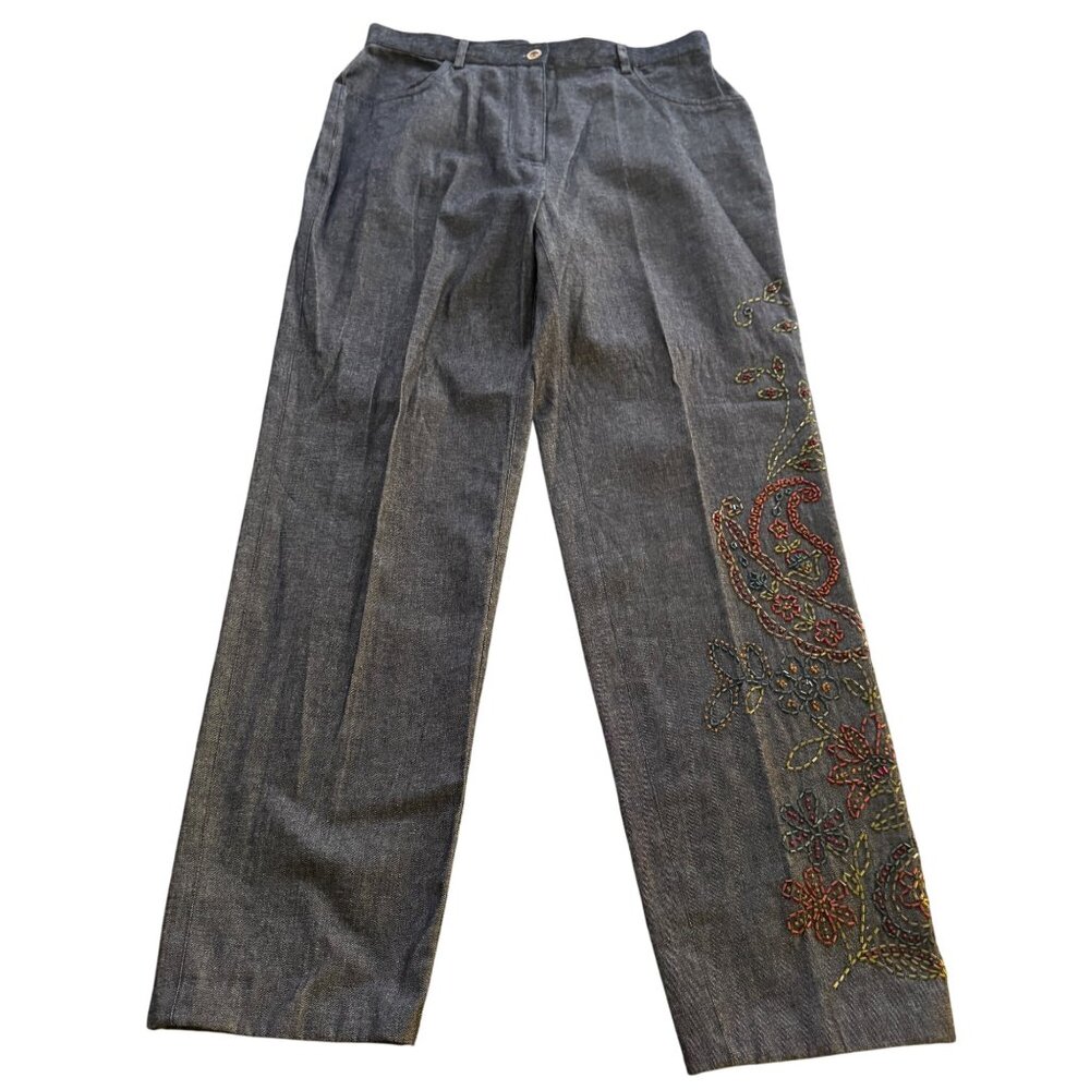 Vintage Silkland Women's Embroidered D. Denim Pants Floral Design Cotton, Size 6